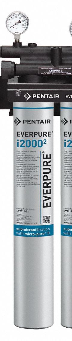PENTAIR/EVERPURE Water Filtration System: 0.5 micron, 3.3 gpm, 25 1/2 in Overall Ht (MPN EV932422-75). Key specifications — Product Type: Ice Machine System; Filter Media: Carbon; Brand: PENTAIR/EVERPURE; Reduces: Sediment.