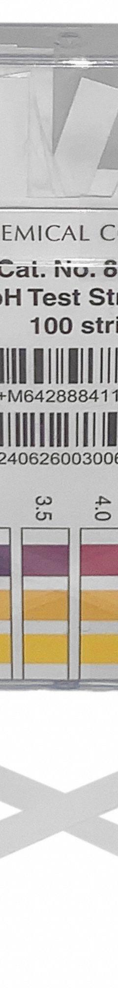 RICCA CHEMICAL pH Test Strips: 2 pH to 9 pH, 0.5 pH Resolution, 4 in Overall Lg, 3 in Overall Wd (MPN R8884000-Each). Key specifications — pH Resolution: 0.5 pH; Brand: RICCA CHEMICAL.