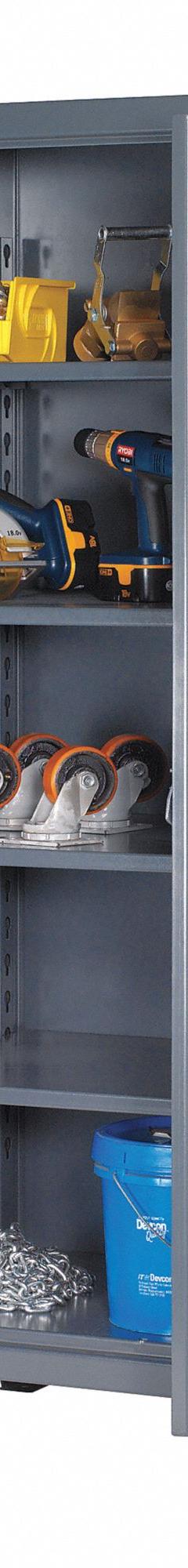 STRONG HOLD Storage Cabinet: 72 in x 24 in x 78 in, Swing Handle & Padlock Hasp, 12 ga Panel Thick (MPN 66-244). Key specifications — attr62698: Dark Gray; attr62736: Welded; attr87895: Legs; attr62693: Assembled; attr62737: Stationary; attr62694: Adjustable; attr62695: Baked Enamel; attr62696: Steel.