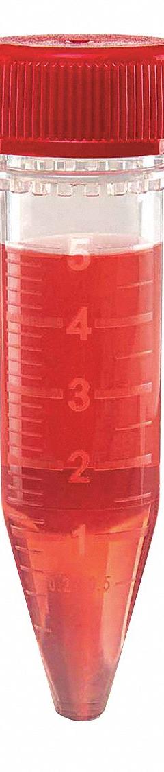 GLOBE SCIENTIFIC Centrifuge Tube: Centrifuge Tube, Polypropylene, 5 mL Capacity - mL, Conical, Red (MPN 111580S). Key specifications — Brand: GLOBE SCIENTIFIC; Graduated: Yes; Closure Color: Red; Includes Closure: Yes; Body Color: Colorless; Bottom Shape: Conical; Body Material: Polypropylene.