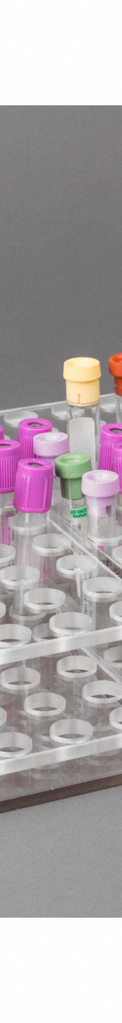 Tube Rack: 10 in Overall Wd, 2 1/2 in Overall Ht, 10 in Overall Lg, PETG, Clear, (100) Tubes (MPN BLDTUBE100). Key specifications — Material: PETG; Mounting Location: Benchtop; Color: Clear; Product Type: Test Tube Rack; Total Holding Capacity: (100) Tubes; Brand: POLTEX.