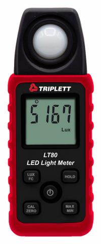 TRIPLETT Light Meter: Carrying Case, ±3% Light Level Accuracy, LCD, Not Certified (MPN LT80). Key specifications — Brand: TRIPLETT; Light Level Accuracy: ±3%; Digital Display Screen Type: LCD; Includes: Carrying Case; Lights Tested: Metal Halide; Certificate of Calibration: Not Included.