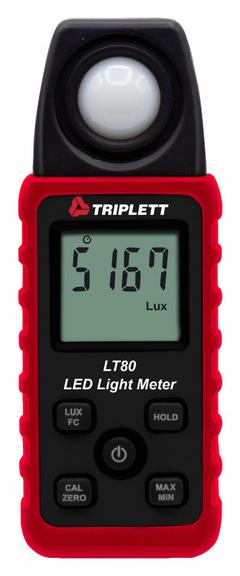 TRIPLETT Light Meter: Carrying Case, ±3% Light Level Accuracy, LCD, Not Certified (MPN LT80). Key specifications — Brand: TRIPLETT; Light Level Accuracy: ±3%; Digital Display Screen Type: LCD; Includes: Carrying Case; Lights Tested: Metal Halide; Certificate of Calibration: Not Included.