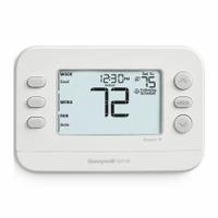 RESIDEO Low Voltage Programmable Thermostat: Heat and Cool, Auto and Manual, 5-1-1/5-2/7-Day (MPN TH2110WF4008/U). Key specifications — Application: Heat and Cool; Programming Capability: 7-Day; Shape: Rectangle; Temperature Control Range: 32° to 90°F (Heat); Changeover Type: Automatic and Manual; Brand: RESIDEO; Mounting Direction: Horizontal; Control Type: Push Button.
