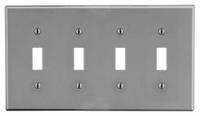 HUBBELL Wall Plate: Toggle, 4 Gang, Gray, Std Size (MPN P4GY). Key specifications — Brand: HUBBELL; Material: Polycarbonate.