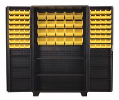 JAMCO Bin Cabinet: 48 in x 24 in 78 in, 8 Shelves, 84 Bins, Yellow, Deep Box, 14 ga Panel, Black (MPN DU248BL). Key specifications — Bin Color: Yellow; Bin HxWxD: (64) 3 in x 4-1/8 in x 7-1/2 in; Assembled: Assembled; Cabinet Style: Shelf and Bin; Brand: JAMCO; Cabinet Color: Black; Cabinet Finish: Powder Coated; Cabinet Material: Steel.