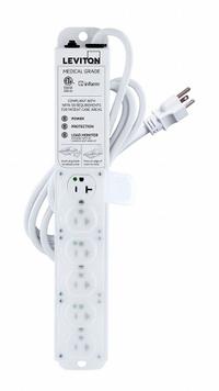 LEVITON Outlet Strip: 6 Outlets, 7 ft Cord Lg, 644 J Rated Energy, 20 A Current, White, 5-20P, 5-20R (MPN 53C6M-2S7). Key specifications — Brand: LEVITON; Mounting Style: Screw.