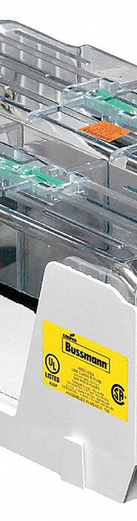 BUSSMANN Fuse Block: Open Block Design, 2 Pole, 600 V AC, Box Lug, Non-Indicating (MPN RM60400-2CR). Key specifications — Brand: BUSSMANN.