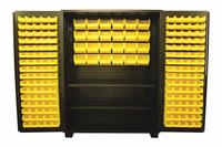 JAMCO Bin Cabinet: 60 in x 24 in 78 in, 2 Shelves, 184 Bins, Yellow, Flush, 14 ga Panel, Black (MPN DT260BL). Key specifications — Bin Color: Yellow; Bin HxWxD: (160) 3 in x 4-1/8 in x 7-1/2 in; Assembled: Assembled; Cabinet Style: Shelf and Bin; Brand: JAMCO; Cabinet Color: Black; Cabinet Finish: Powder Coated; Cabinet Material: Steel.