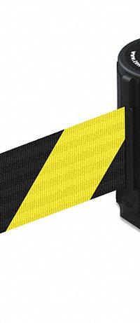 TENSABARRIER Retractable Belt Barrier: Fixed Mounting Plate, 7 1/2 ft Belt Lg, Pattern, Black/Yellow (MPN 891-33-STD-D4-C). Key specifications — Frame Color: Black; Brand: TENSABARRIER; Belt Color: Black/Yellow.