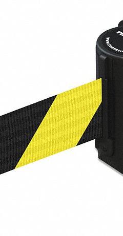 TENSABARRIER Retractable Belt Barrier: Fixed Mounting Plate, 7 1/2 ft Belt Lg, Pattern, Black/Yellow (MPN 891-33-STD-D4-C). Key specifications — Frame Color: Black; Brand: TENSABARRIER; Belt Color: Black/Yellow.