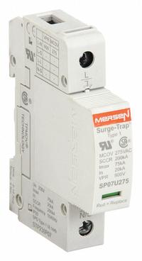 MERSEN Surge Protection Device: Single Phase, 230V AC, 1 Poles, 2 Wires, L-N, 275 V AC, 600V (L-N) (MPN STP230P07). Key specifications — Voltage: 230V AC; Number of Wires: 2 Wires; Modes of Protection: L-N; Max. Continuing Operating Voltage: 275 V AC; Voltage Protection Rating: 600V (L-N); Short Circuit Current Rating: 200kA; Filtering: No; Enclosure Material: Polyethylene Terephthalate.