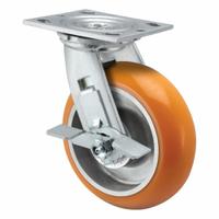 PEMCO Caster: Swivel, Side Brake, Polyurethane, 8 in Wheel Dia, 2 in Wheel Wd, 9 1/2 in Mounting Ht (MPN ES8X2ANTBK). Key specifications — Wheel Bearing Type: Ball; Wheel/Tread Color: Orange; Brand: PEMCO; Caster Type: Swivel.