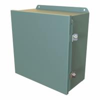 HAMMOND Electrical Enclosure: Steel, 12 in x 12 in x 6 in, NEMA 12/13/3R/4, Solid Cover, Hinged (MPN HJ12126HLP). Key specifications — Closure Method: Clamps; Brand: HAMMOND; Knockouts: Not Included.
