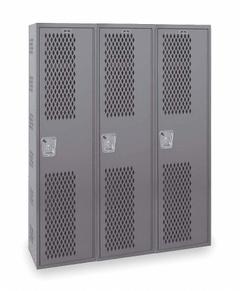 HALLOWELL Wardrobe Locker: 36 in x 12 in x 72 in, Ventilated, 1 Tiers, 3 Units Wide, Padlock Hasp (MPN HWBA212-111HG). Key specifications — Brand: HALLOWELL; Locker Color: Dark Gray; Door Type: Ventilated; Locker Material: Steel; Assembled: Assembled; Number Plate Included: Yes.