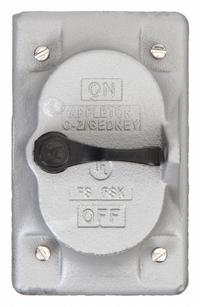 APPLETON ELECTRIC Weatherproof Cover: Aluminum, FD/FS, Square Handle Tumblers/Toggle Switches, Gray (MPN FSK-1VS-A). Key specifications — Brand: APPLETON ELECTRIC; Color: Gray; Compatible with Product Type: Square Handle Tumblers; Compatible with Series: FS; Mounting Orientation: Vertical.