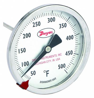 Dwyer Clip On Dial Thermometer: 50°F to 500°F, +/- 2% Accuracy, 5 in Stem Lg - General Purpose Vat & Pan Clip-On Dial Thermometers