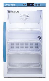 ACCUCOLD Lab Refrigerator: 3 cu ft, Undercounter, 2°C to 10°C, 19 in Overall Dp, 34 in Overall Ht (MPN ARG3ML). Key specifications — Door Opening Style: Right; Color: White; Alarm Type: Temperature; Manufacturer Part Number: ARG3ML; Brand: ACCUCOLD; Product Type: Lab Refrigerator; Door Type: Swing Glass; Refrigerant Type: R-600a.