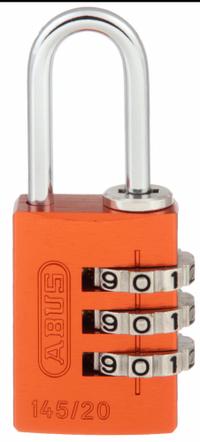ABUS Combination Padlock: Scrolling Combo, Orange, Aluminum, Std Shackle, Steel Shackle (MPN 145/20 Orange). Key specifications — Dial Color: Silver; Brand: ABUS.