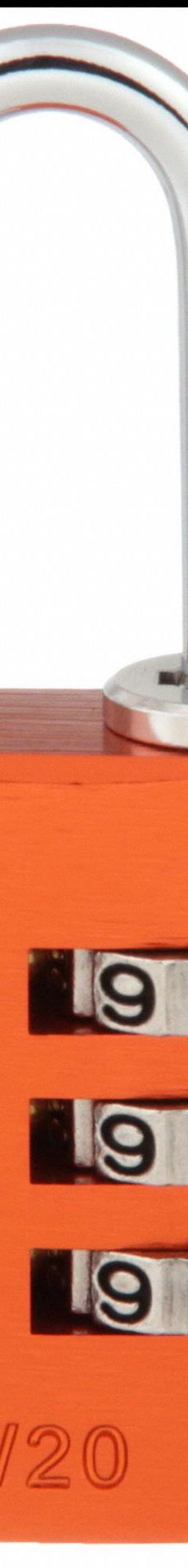 ABUS Combination Padlock: Scrolling Combo, Orange, Aluminum, Std Shackle, Steel Shackle (MPN 145/20 Orange). Key specifications — Dial Color: Silver; Brand: ABUS.