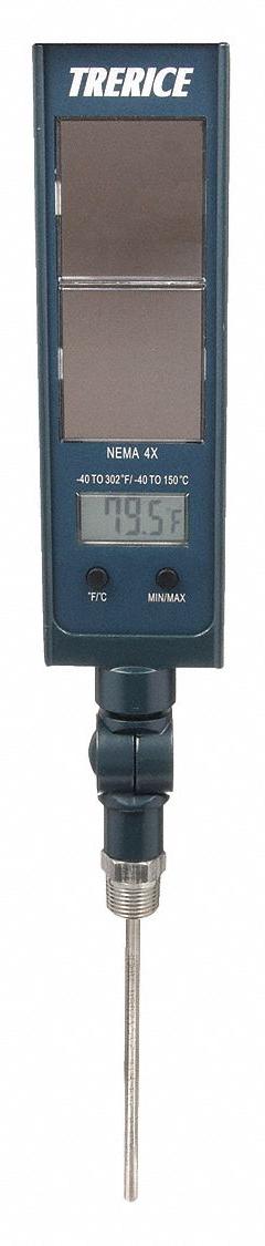 TRERICE Digital Thermometer: 6 in Stem Lg, -40°F to 300°F /-40°C to 150°C, 1/2 in Thread Size, NPT (MPN SX9560605). Key specifications — Thread Type: NPT; Brand: TRERICE; Accuracy: ±1 % or ±1 °F, Whichever is Greater.