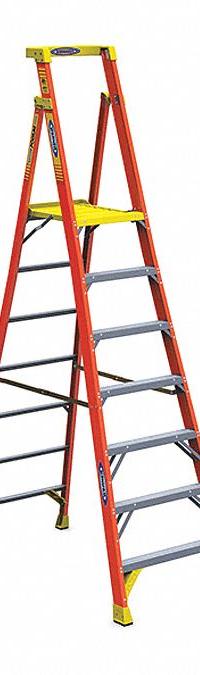 WERNER Platform Stepladder: 9 ft Ladder Size, Fiberglass, 300 lb Load Capacity, 38 lb Wt (MPN PD6207). Key specifications — Brand: WERNER; Included Features: Guard Rail.