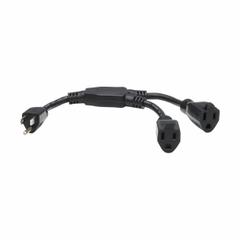 EATON TRIPP LITE Power Cord: 1 ft Lg, 3/16, 5-15P Plug, (2) 5-15R Receptacle, SJT, PVC, 13 A Current (MPN P022-001-13A-2). Key specifications — Brand: EATON TRIPP LITE; Jacket Material: PVC.