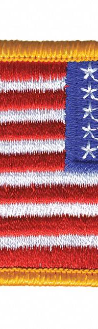 HEROS PRIDE Embroidered Patch: Reverse/U.S. Flag, 3 3/8 in x 2 in, Gold, Plastic, Sew-On, Flag (MPN 0038). Key specifications — attr1074238: Sew-On; attr188498: 3-3/8 in x 2 in; attr188499: Gold; attr188500: Plastic; attr188503: U.S. Flag; attr193746: HEROS PRIDE.