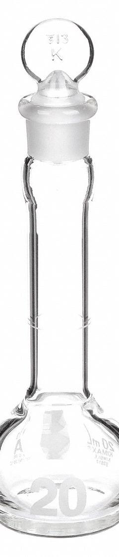 KIMBLE Volumetric Flask: 20 mL, Colorless, Conical, A, +/-0.08 mL, Includes Closure (MPN 92812G-20). Key specifications — Shape: Conical; Tolerance: +/-0.08 mL; Body Color: Colorless; Brand: KIMBLE; Compatible with Stopper Size: 13; USP Specification: Type I.