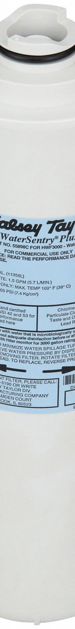 HALSEY TAYLOR Water Filter Cartridge: 1.5 gpm, 3,000 gal, 12 1/2 in Overall Ht, 3 1/4 in Overall Dia (MPN 55898C). Key specifications — Connection Type: Quick-Disconnect; Filter Media: Carbon; Brand: HALSEY TAYLOR.