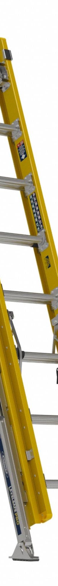 WERNER Extension Ladder: 16 ft Ladder Size, Fiberglass, 375 lb Load Capacity, 56 lb Wt, 2 Sections (MPN D7116-2CL). Key specifications — Color: Yellow; Brand: WERNER; Included Features: Bubble Level; Removable Fly: Removable.