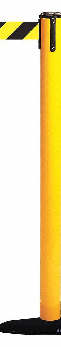 TENSABARRIER Barrier Post with Belt: Black/Yellow, Chevron, No Legend, 7 1/2 ft Belt Lg, Yellow (MPN 889B-33-35-STD-NO-D4X-C). Key specifications — Base Material: Cast Iron; Belt Color: Black/Yellow; Brand: TENSABARRIER; Post Material: Metal Alloy; Post Color: Yellow; Message: No Legend.