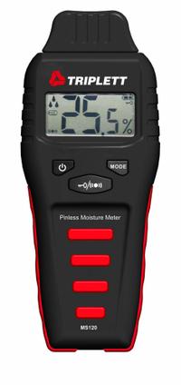 TRIPLETT Moisture Meter: Digital, LCD, Pinless, Wood, Flat Pinless, Not Certified (MPN MS120). Key specifications — Display Type: Digital; Probes Included: Flat Pinless; Features: Low Battery Indicator; Compatible Material: Wood; Digital Display Screen Type: LCD; Brand: TRIPLETT.
