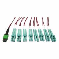 EATON TRIPP LITE MPO Breakout Cables: (1) 16F MPO/PC Female (Green) x (8) LC Duplex Male (Aqua), OM4 (MPN N846D-05M-16EMG). Key specifications — Fire Rating: Plenum; Fiber Type: OM4; Brand: EATON TRIPP LITE; End 1 Connection Gender: Female; End 1 Contact Type Finish: PC; End 2 Connection Gender: Male; End 2 Contact Type Finish: PC; _MPO Cable Connector Design: (1) 16F MPO/PC Female (Green) x (8) LC Duplex Male (Aqua).