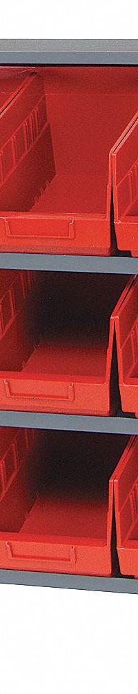 QUANTUM STORAGE SYSTEMS Bench Pick Rack: 36 in x 12 in x 27 in, 1 Usable Sides, 3 Shelves, 15 Bins (MPN QPRHA-202RD). Key specifications — Bin HxWxD: (15) 6 in x 6-5/8 in x 11-5/8 in; Frame Material: Steel; Frame Color: Gray; Bin Color: Red; Brand: QUANTUM STORAGE SYSTEMS.