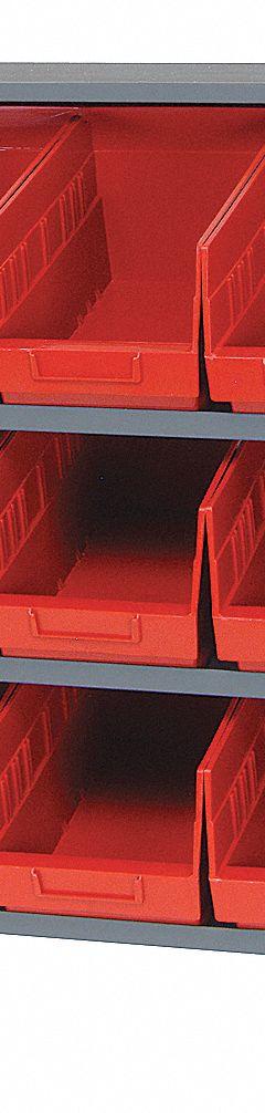 QUANTUM STORAGE SYSTEMS Bench Pick Rack: 36 in x 12 in x 27 in, 1 Usable Sides, 3 Shelves, 15 Bins (MPN QPRHA-202RD). Key specifications — Bin HxWxD: (15) 6 in x 6-5/8 in x 11-5/8 in; Frame Material: Steel; Frame Color: Gray; Bin Color: Red; Brand: QUANTUM STORAGE SYSTEMS.