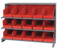 QUANTUM STORAGE SYSTEMS Bench Pick Rack: 36 in x 12 in x 27 in, 1 Usable Sides, 3 Shelves, 15 Bins (MPN QPRHA-202RD). Key specifications — Bin HxWxD: (15) 6 in x 6-5/8 in x 11-5/8 in; Frame Material: Steel; Frame Color: Gray; Bin Color: Red; Brand: QUANTUM STORAGE SYSTEMS.