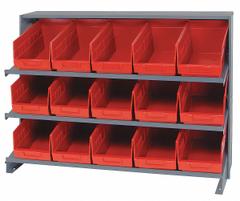 QUANTUM STORAGE SYSTEMS Bench Pick Rack: 36 in x 12 in x 27 in, 1 Usable Sides, 3 Shelves, 15 Bins (MPN QPRHA-202RD). Key specifications — Bin HxWxD: (15) 6 in x 6-5/8 in x 11-5/8 in; Frame Material: Steel; Frame Color: Gray; Bin Color: Red; Brand: QUANTUM STORAGE SYSTEMS.