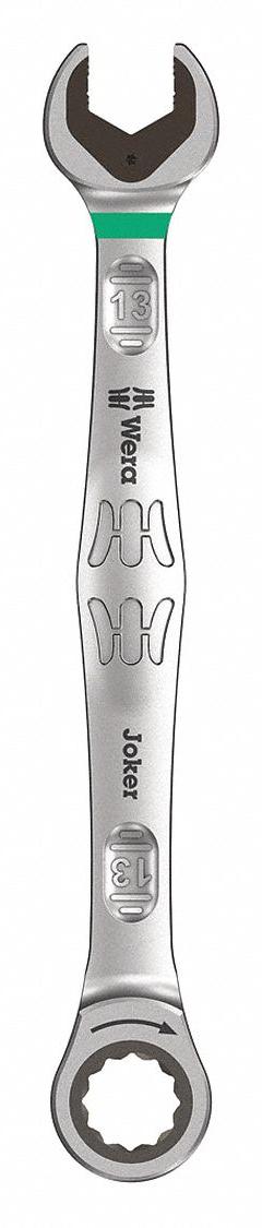 WERA Combination Wrench: Alloy Steel, Nickel Chrome, 13 mm Head Size, 6 7/8 in Overall Lg, Reversing (MPN 05073273001). Key specifications — attr309600: 13 mm; attr309611: Nickel Chrome; attr309610: Alloy Steel; attr309604: Yes; attr309612: No; attr309613: No; attr309615: No; attr324932: WERA.