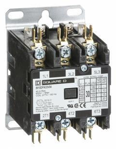 SQUARE D Definite Purpose Magnetic Contactor: 3 Poles, 277V AC, 30 A, Non-Reversing (MPN 8910DPA33V04). Key specifications — Brand: SQUARE D; Coil Voltage: 277V AC; Contactor Style: HVACR Definite Purpose Contactor; Terminal Connection Type: Quick-Disconnect Terminals; Maximum Voltage Rating: 600V AC; Series: 8910 Series Type DPA; Phase: Three; Main Pole Contact Form: 3NO.
