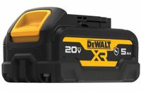 DEWALT Battery: 20V MAX*, 5 Ah, Battery Included, 20V DC (MPN DCB205G). Key specifications — attr1278107: Oil-Resistant.
