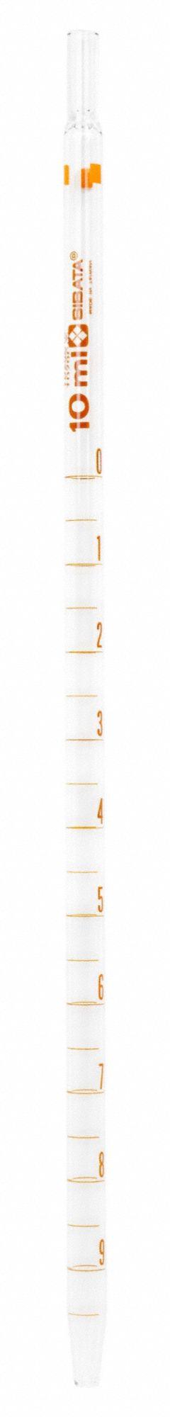SIBATA Serological Pipette: 10 mL Capacity, 0.5 mL Graduation Increments, Non-Sterile, Glass (MPN 20200-101A). Key specifications — Sterility: Non-Sterile; Brand: SIBATA; Individually Wrapped: Not Individually Wrapped; Pipette Type: Wide Tip; Material: Glass; Product Type: Serological Pipette.