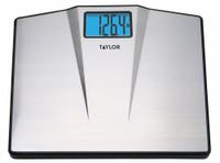 TAYLOR Bathroom Scale: Digital, kg/lb, 15 3/8 in Weighing Surface Wd, 12 7/8 in Weighing Surface Dp (MPN 74104102). Key specifications — Brand: TAYLOR; Weighing Units: kg; IP Rating: Not IP Rated; Indicator Attachment: Integrated; Includes: (3) AAA Batteries; Readability: 0.2 lb.
