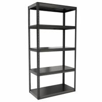 HALLOWELL Boltless Shelving: Standalone, Extra-Heavy-Duty, 48 in x 24 in, 96 in Overall Ht, Steel (MPN HCR482496-5ME). Key specifications — Finish: Powder Coated; Maximum Post Load Capacity: 6,000 lb with Beams Evenly Spaced at 21 in; Decking Material: Steel; Color: Black; Beam Profile: Angle; Brand: HALLOWELL; Side Panel: Open.