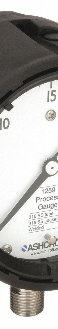 ASHCROFT Process Pressure Gauge: 0 psi to 30 psi, White, 4 1/2 in Dial, 1/2 in NPT Male, Bottom, PBT (MPN 451259SD04L30#). Key specifications — Brand: ASHCROFT; Pointer Color: Black; Accuracy: ±0.5%; Dial Color: White; Gauge Wetted Parts: Stainless Steel; Case Material: PBT; Vibration Resistance Properties: None; Pressure Range: 0 psi to 30 psi.