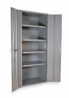 DURHAM MFG Storage Cabinet: 36 in x 18 in x 84 in, Swing Handle & Padlock Hasp, 14 ga Panel Thick (MPN 3952-4S-95). Key specifications — Cabinet Color: Gray; Method of Construction: Welded; Base Type: Frame; Assembled: Assembled; Mobility: Stationary; Adjustable Shelves: Adjustable; Cabinet Finish: Powder Coated; Cabinet Material: Steel.