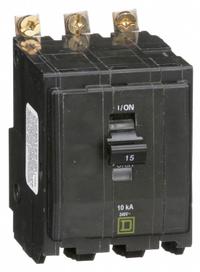 SQUARE D Miniature Circuit Breaker: 15 A, 120/240V AC, Three Phase, 10kA at 120/240V AC, 3 Poles (MPN QOB315). Key specifications — Phase: Three; Amps: 15 A; AC Voltage Rating: 120/240V AC; Max. AIR Rating: 10kA at 120/240V AC; For Use With: Square D NQOD Panelboards; Brand: SQUARE D.