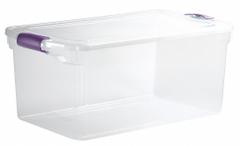 HOMZ Storage Tote: 16 gal, 28 3/4 in x 16 in x 10 5/8 in, Clear Body, Clear Lid, Not NSF Certified (MPN 3441GRPRCL.06). Key specifications — attr1188666: Plastic; attr1188671: Rounded; attr1188675: Clear; attr1188676: Clear; attr1188687: HOMZ; attr1188688: Not NSF Certified; attr1188689: Nesting Capable.