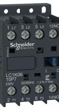 SCHNEIDER Miniature IEC Magnetic Contactor: Non-Reversing, 3 Poles, 3NO Contacts, 6 A, 110V AC Coil (MPN LC1K0610F7). Key specifications — attr945107: SCHNEIDER; attr972381: No.