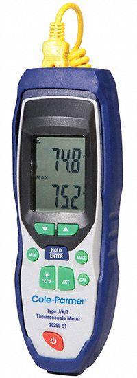 TRACEABLE Thermometer: -328°F to 2501, For Type J/Type K/Type T Thermocouple Type, 1 Channels (MPN 2025091). Key specifications — Testing Functions: Min/Max Temperature; Accuracy: ±1 % of Reading + 1.8 °F/1 °C Below -148 °F/-99.9 °C; Brand: TRACEABLE.